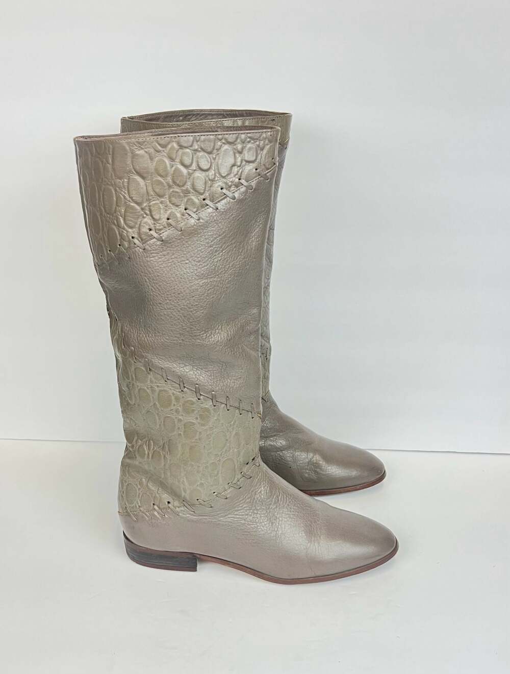 Vintage Grey Leather Croc Embossed Brazil Riding Boots Boho Size 8 M Western
